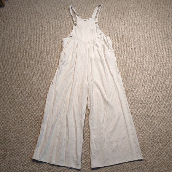 Kori Overalls Womens Small Wide Leg Pockets Tan Linen Blend Relaxed Boho - Picture 1 of 8